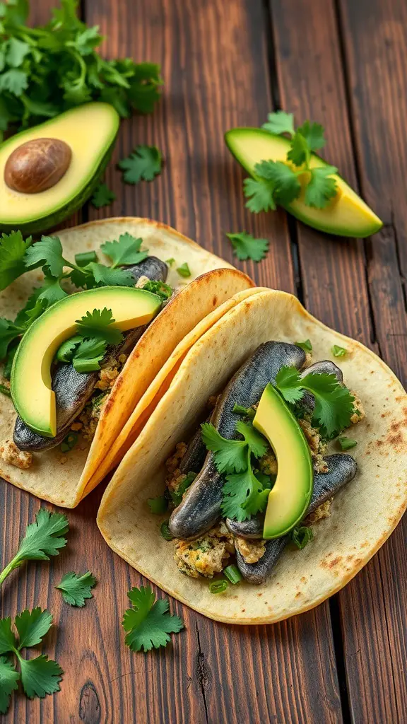 Spicy sardine tacos with avocado and cilantro on a wooden table