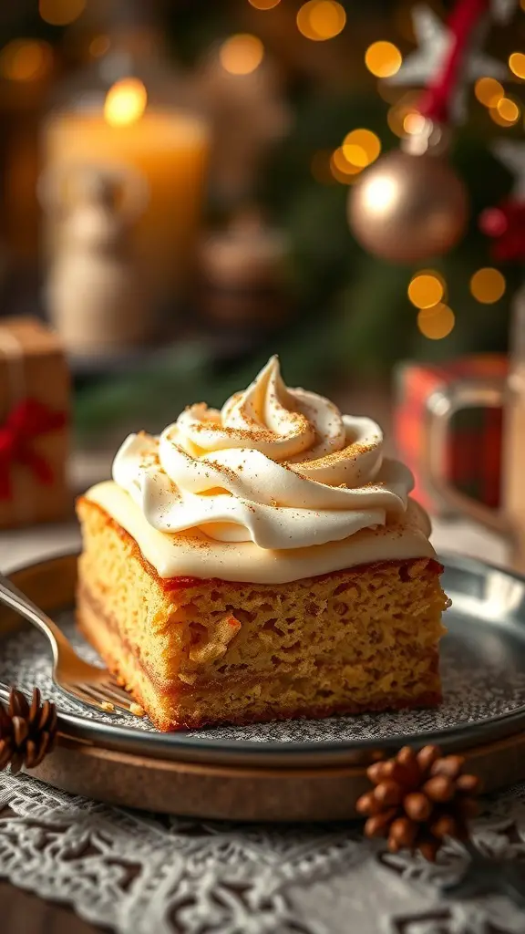 A slice of spiced eggnog cake with creamy frosting and a sprinkle of nutmeg, set against a festive background.
