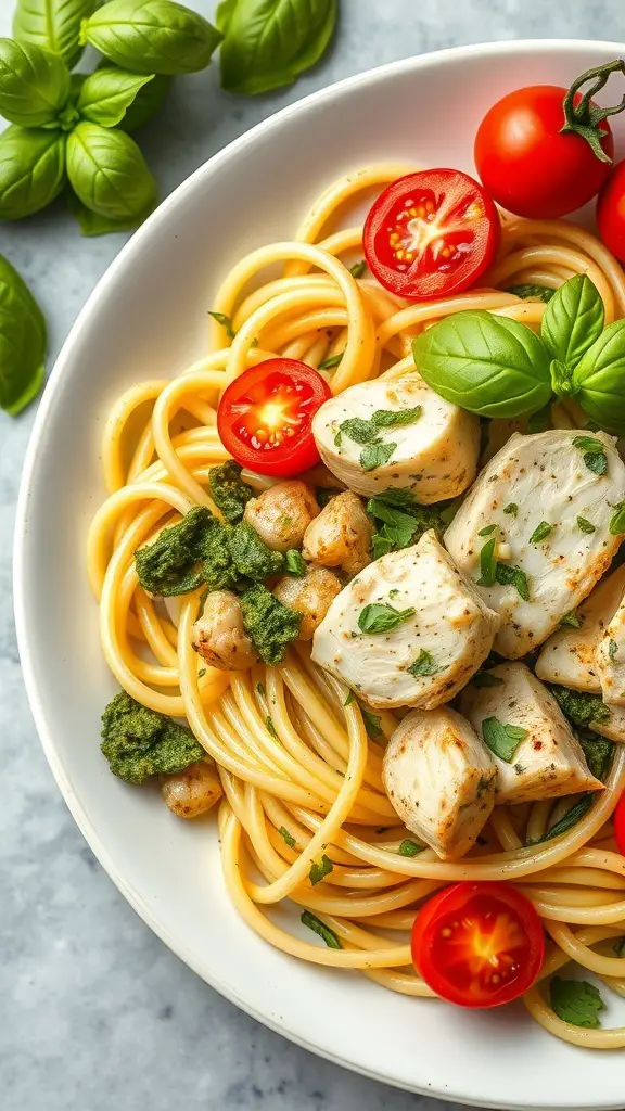 A bowl of zucchini noodles topped with grilled chicken, pesto, and cherry tomatoes, garnished with fresh basil.