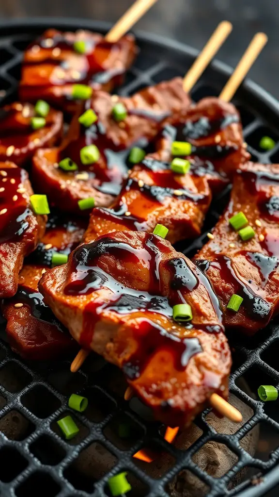 Grilled teriyaki venison steak skewers with green onions
