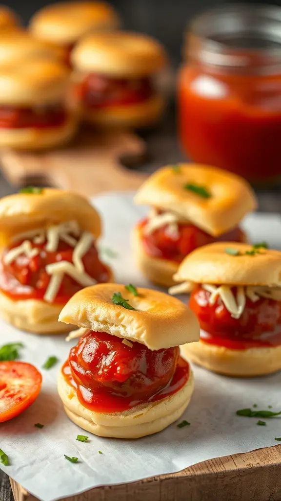 Mini meatball sliders on Ritz crackers topped with sauce and cheese, garnished with parsley.