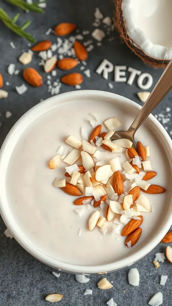 A smoothie bowl topped with sliced almonds and shredded coconut.