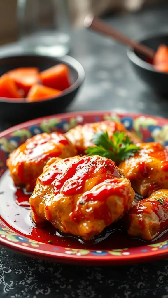 Plate of sweet and spicy baked chicken thighs with vibrant sauce