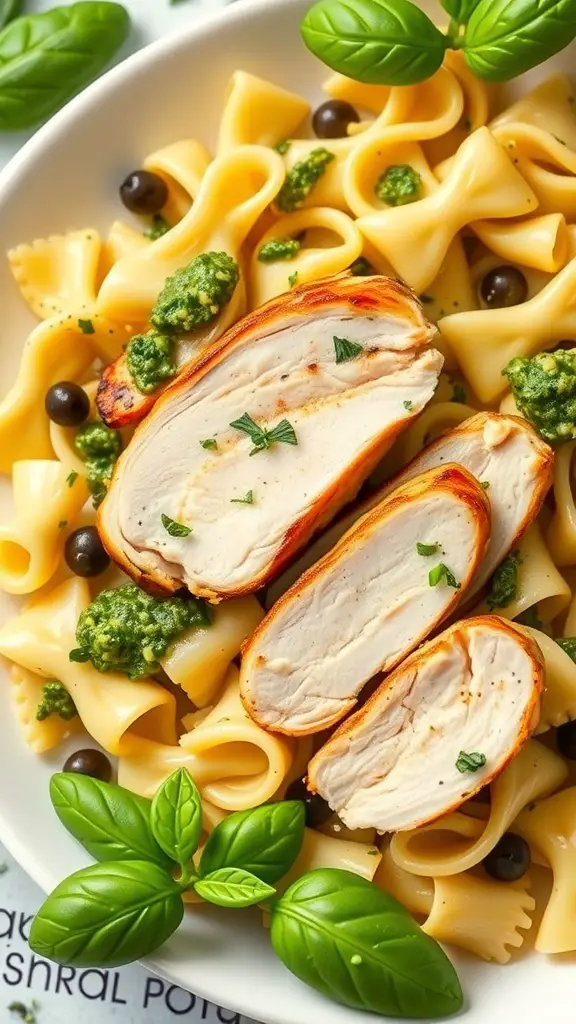A bowl of pesto bow tie pasta topped with grilled chicken and fresh basil.