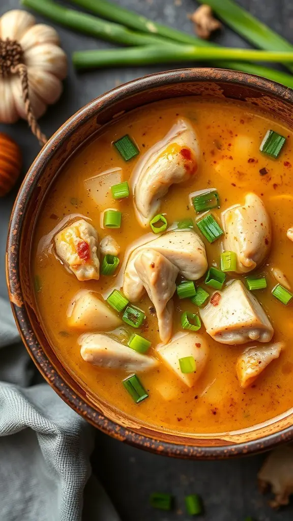 A bowl of honey garlic chicken soup with green onions and garlic in the background.