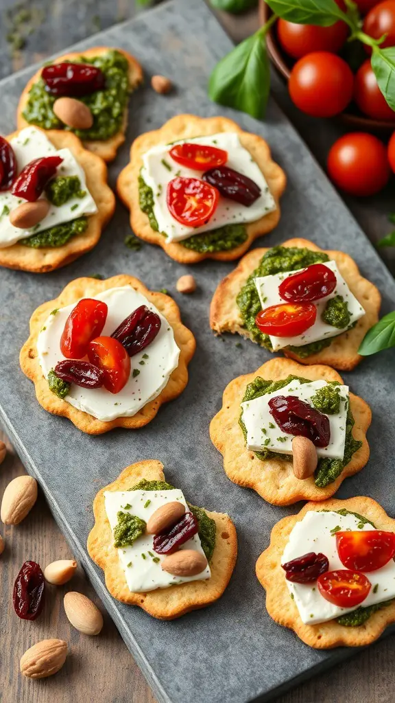 Crispy crackers topped with goat cheese, pesto, and cherry tomatoes