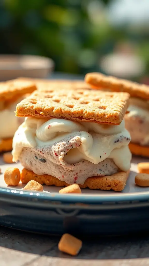 Ritz cracker ice cream sandwiches with ice cream filling and scattered toppings