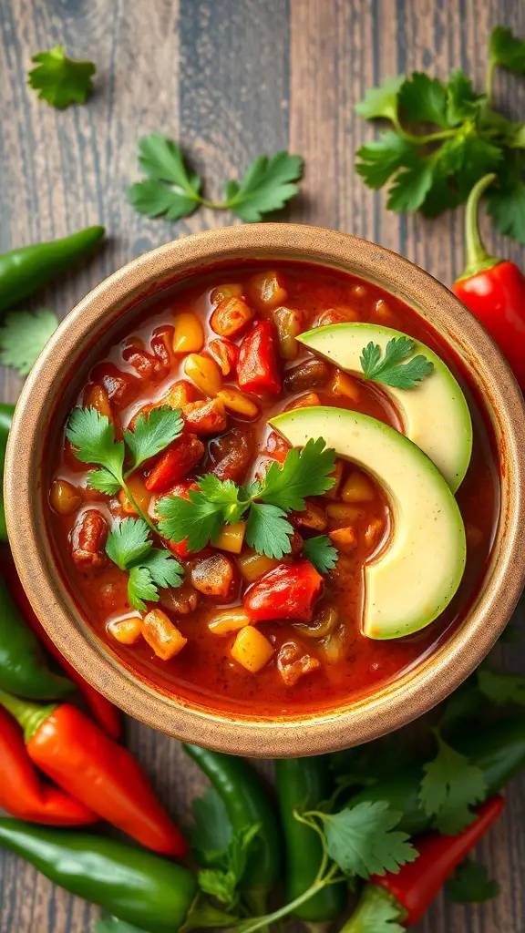 A bowl of spicy vegetable chili with avocado and cilantro on top, surrounded by fresh peppers.