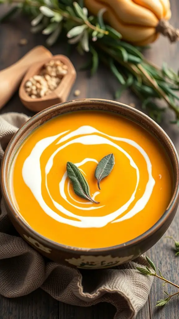 A bowl of creamy butternut squash soup topped with cream and sage leaves, surrounded by fresh herbs and a butternut squash.