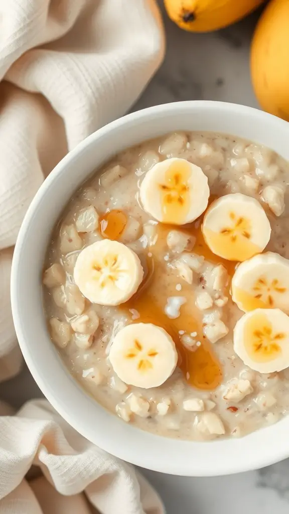 A bowl of silky banana oatmeal topped with banana slices and a drizzle of honey, with bananas in the background.