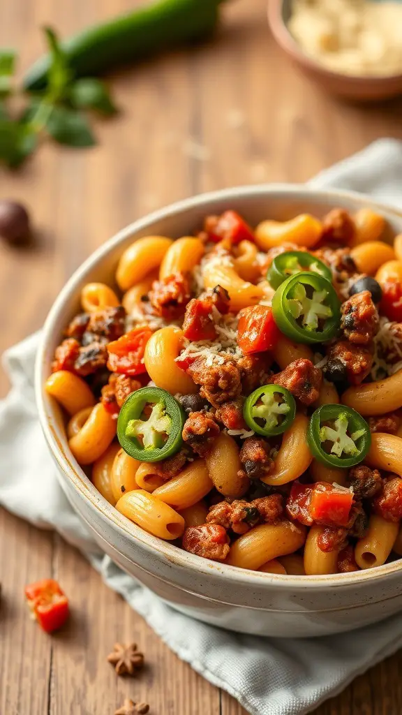 Bowl of vegetarian chili mac with elbow pasta, topped with jalapeños and red bell peppers.