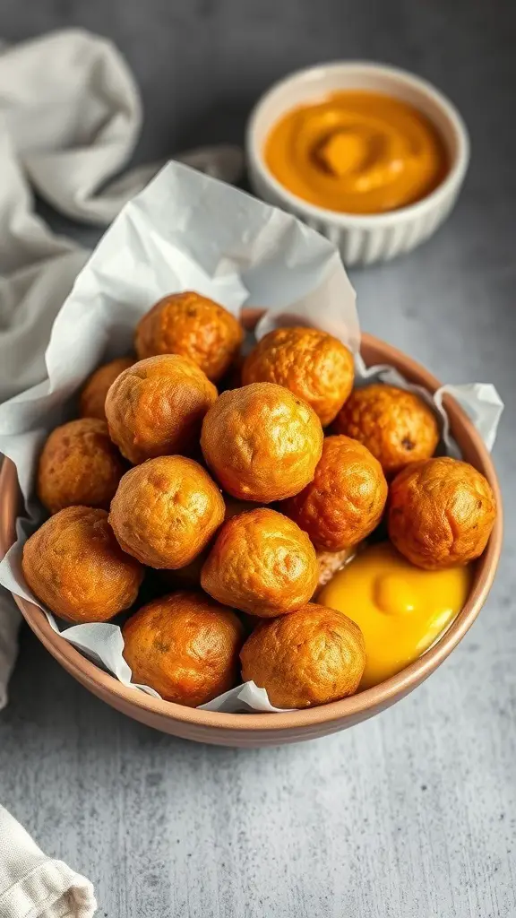 A bowl of golden-brown sausage balls with a side of mustard