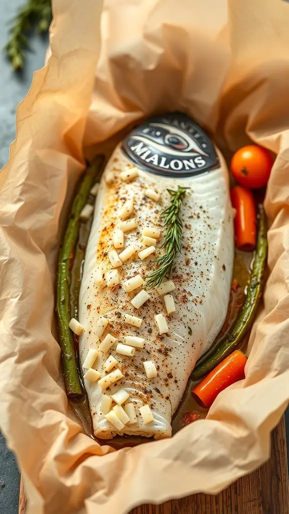 A fish fillet with herbs and vegetables in parchment paper, ready for baking.
