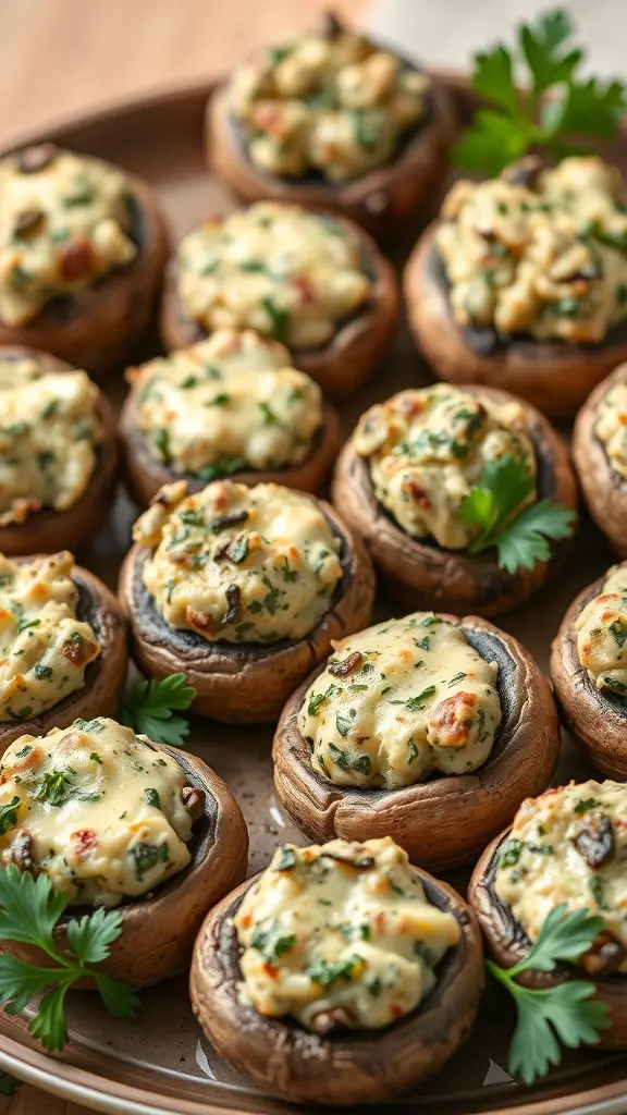 A platter of savory stuffed mushrooms filled with a creamy mixture, garnished with parsley.