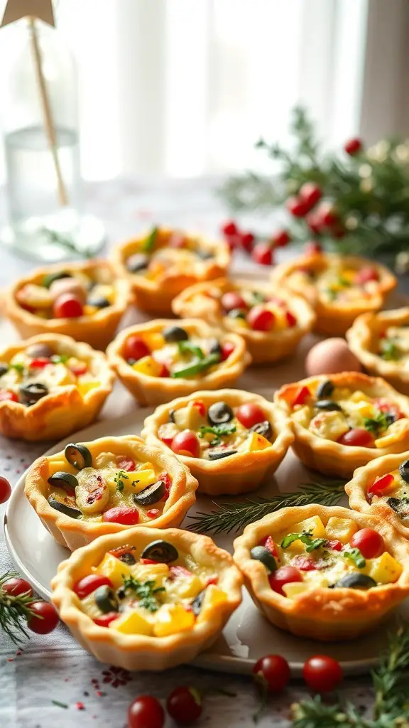 A platter of mini quiches in puff pastry, featuring colorful ingredients like tomatoes and olives.