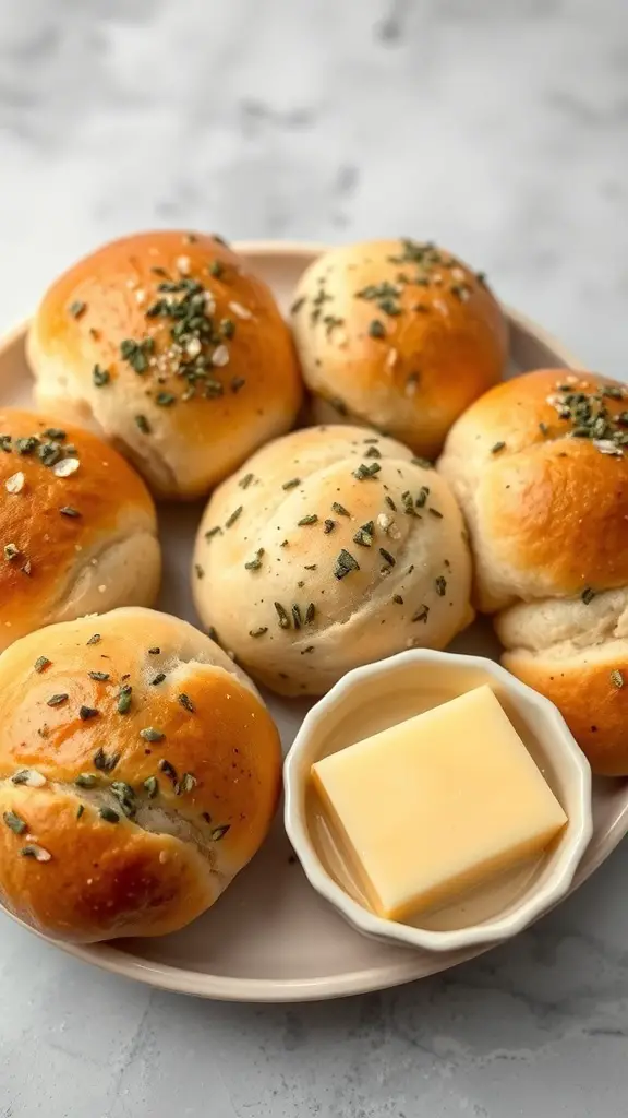 A plate of freshly baked herbed dinner rolls with a small dish of butter.