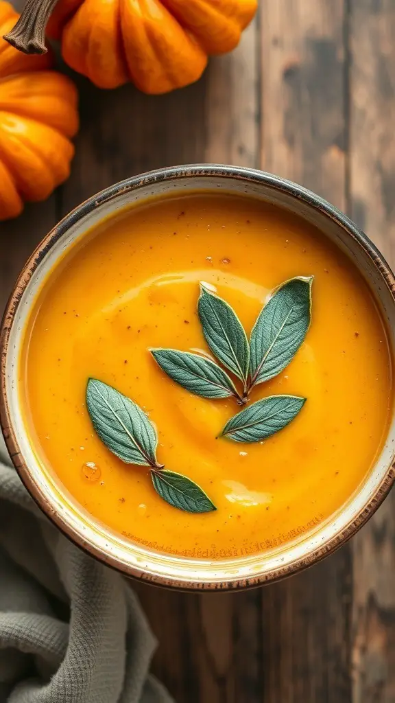 A bowl of creamy pumpkin and sage soup, garnished with fresh sage leaves, surrounded by pumpkins and a cozy cloth.
