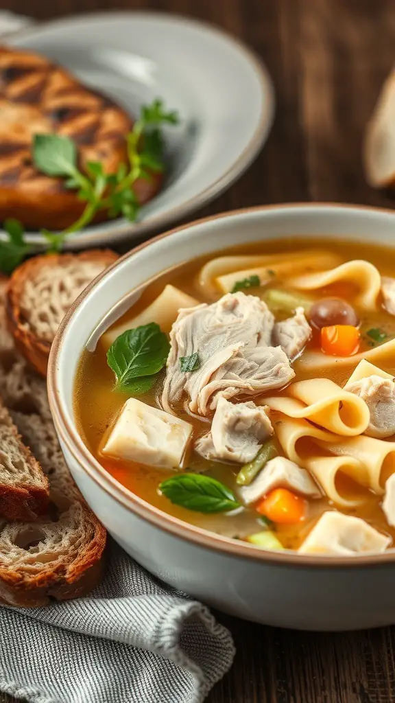 A bowl of classic chicken noodle soup with chicken, noodles, and vegetables, served with bread on the side.