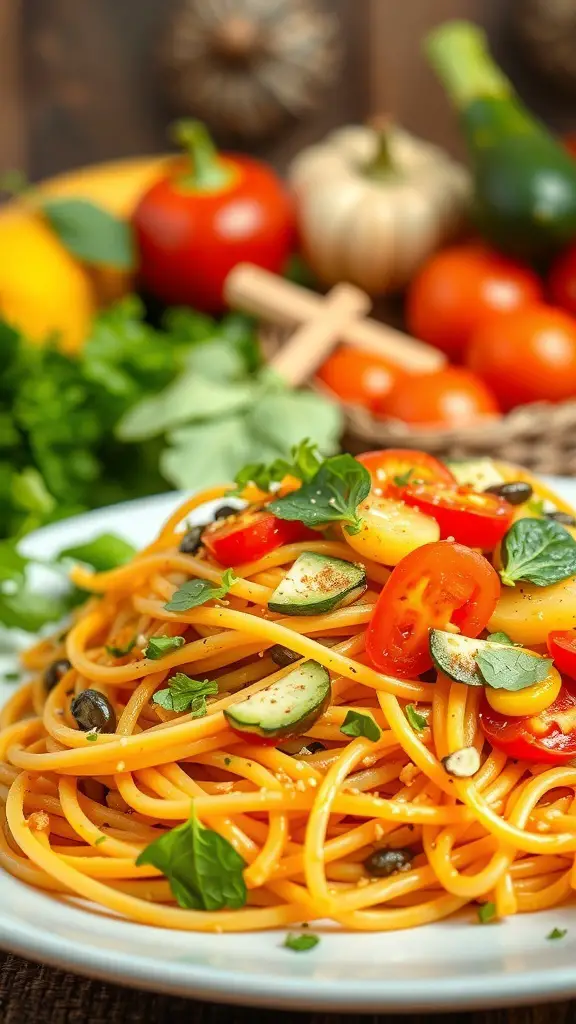 A plate of spaghetti topped with colorful vegetables like zucchini, bell peppers, and cherry tomatoes.