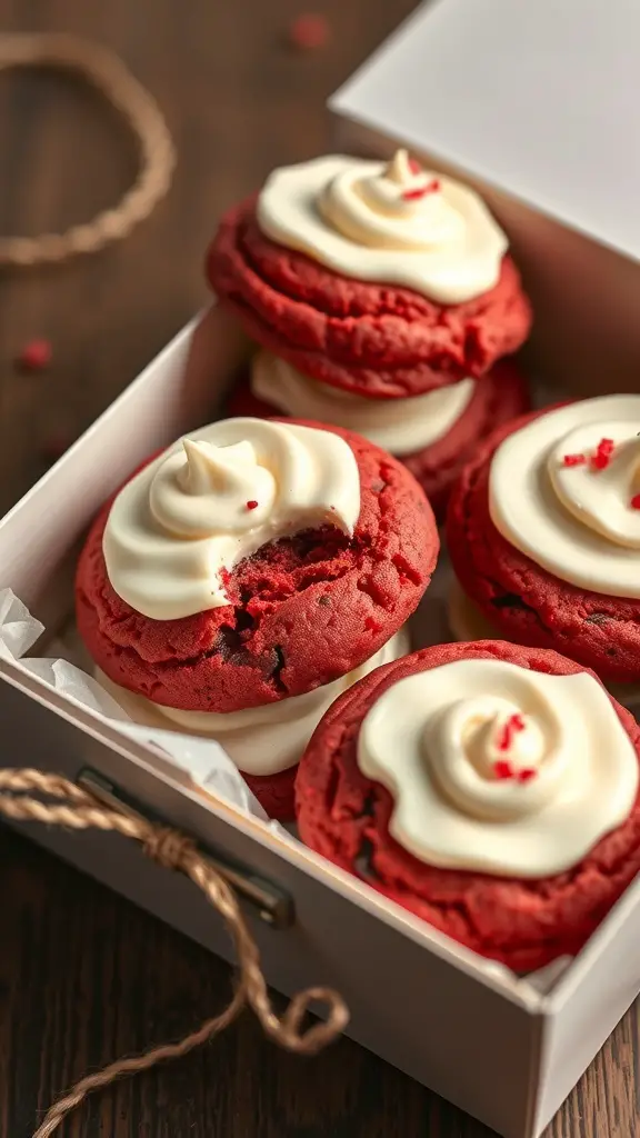 A box of red velvet cookies with cream cheese frosting, some cookies have a bite taken out.
