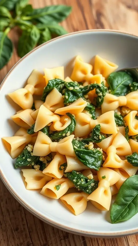 A bowl of bow tie pasta with spinach and artichokes, garnished with herbs.