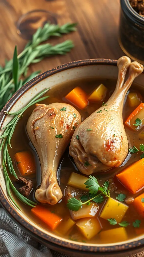 Slow-cooked turkey drumsticks in a rich broth with vegetables