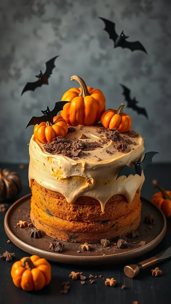 A Halloween Town Pumpkin Spice Cake decorated with pumpkins and bats.