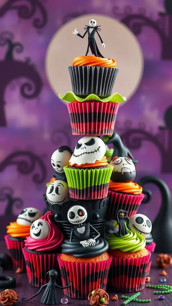 A colorful cupcake tower inspired by The Nightmare Before Christmas, featuring Jack Skellington and other characters.