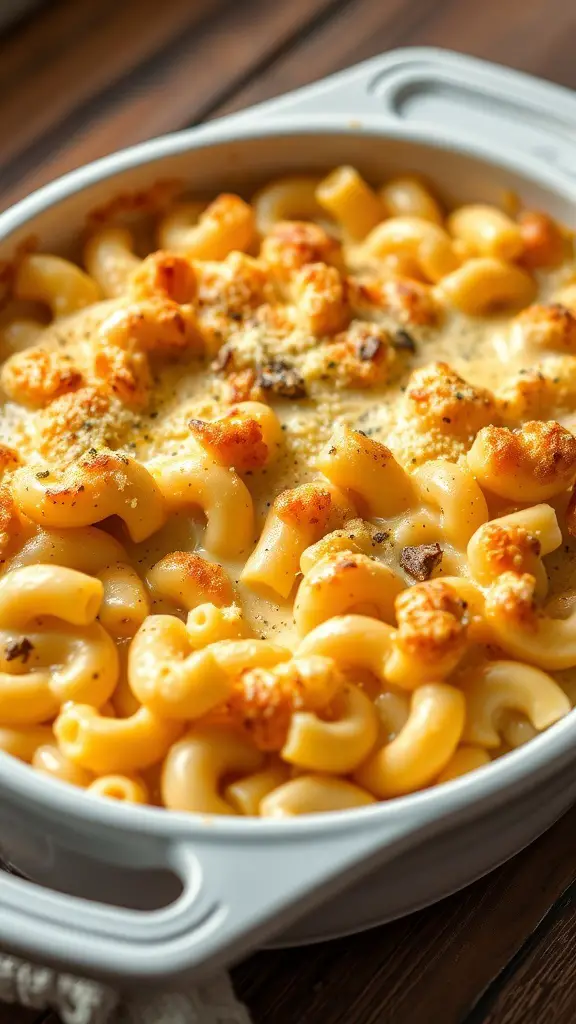 A creamy baked macaroni and cheese dish topped with golden breadcrumbs.