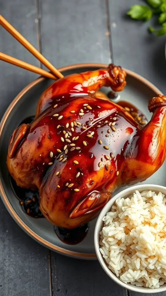 A roasted turkey glazed with soy sauce, garnished with sesame seeds, served with a bowl of white rice.