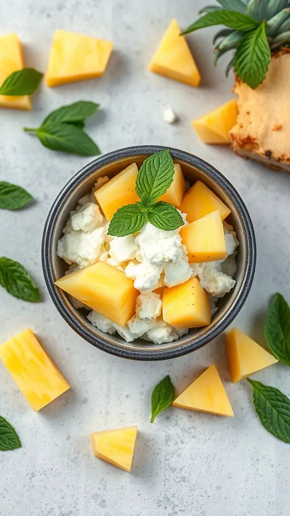 A bowl of cottage cheese topped with pineapple chunks and mint leaves, surrounded by pineapple pieces and mint sprigs.
