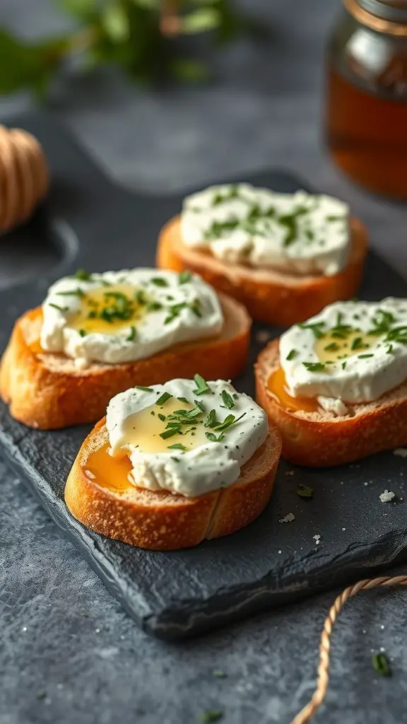 Toasted bread topped with herbed goat cheese and honey