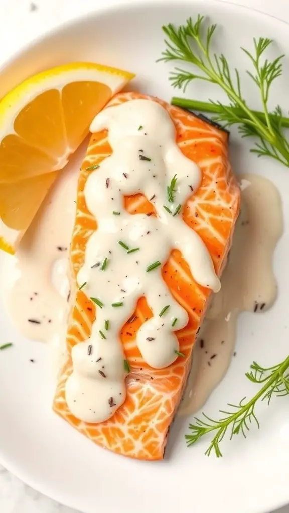 A plate of salmon fillet topped with dill cream sauce, garnished with a lemon wedge and fresh dill.