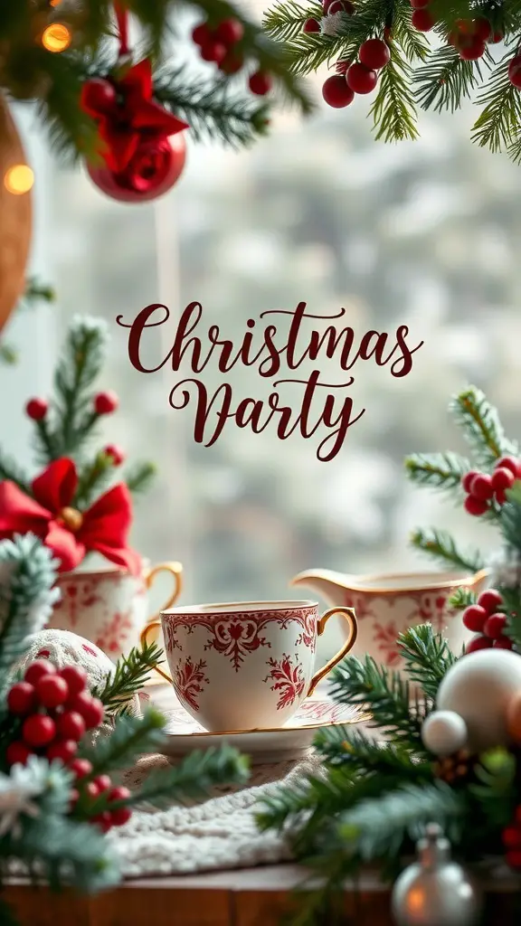 A cozy Christmas tea party setup with decorated teacups and holiday greenery.