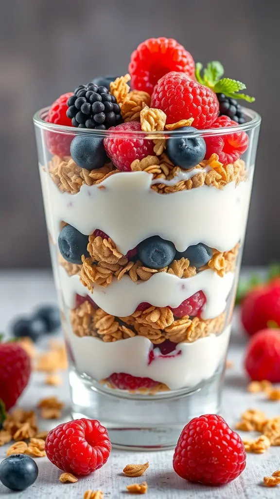 A delicious Greek yogurt parfait with layers of yogurt, granola, and mixed berries.
