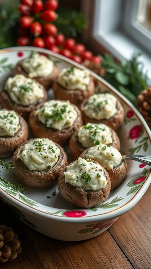 A platter of stuffed mushrooms topped with creamy filling and herbs, surrounded by festive decorations.