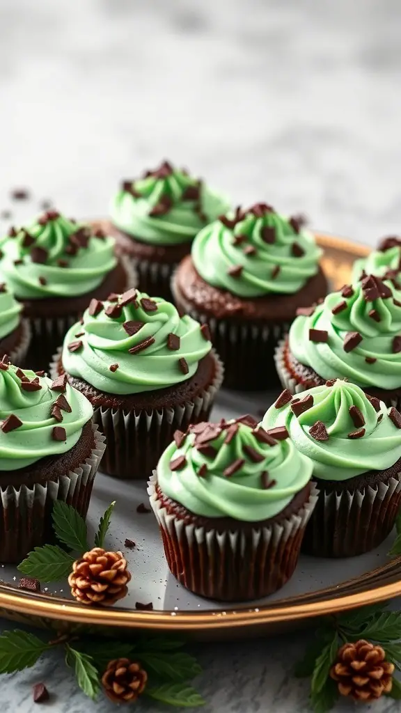 A plate of chocolate mint cupcakes with green frosting and chocolate shavings.