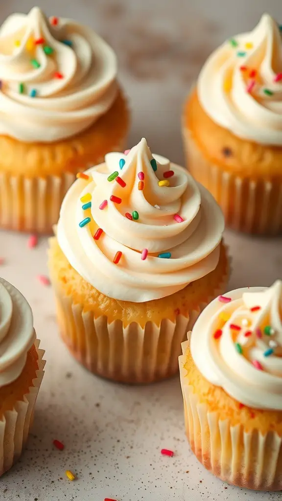 Vanilla bean cupcakes with frosting and colorful sprinkles