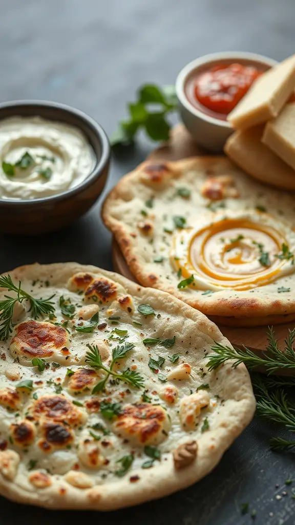 Delicious sourdough discard flatbreads with herbs and dips