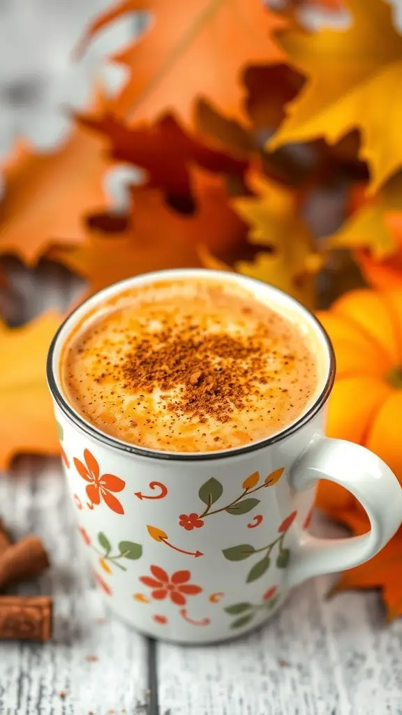 A cozy pumpkin spice latte in a floral mug, surrounded by autumn leaves and cinnamon sticks.