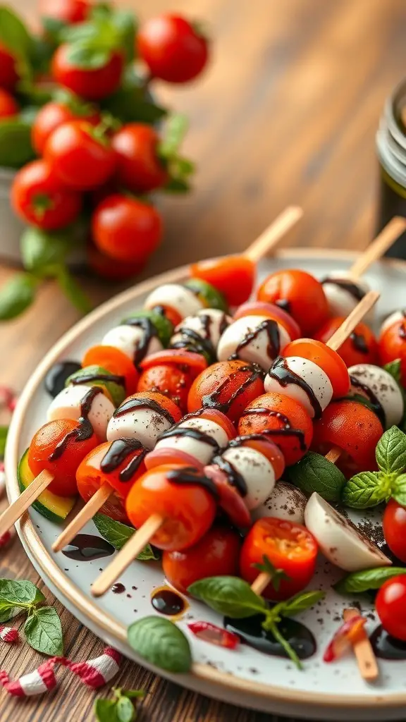 Mini Caprese skewers with cherry tomatoes, mozzarella, and basil drizzled with balsamic glaze