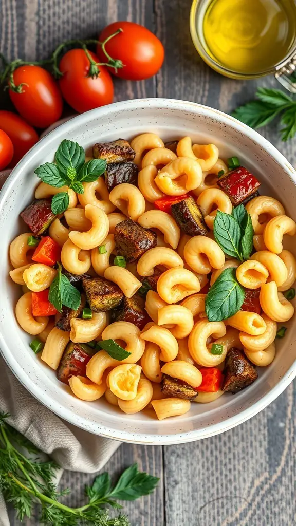 A bowl of elbow pasta with roasted vegetables, garnished with fresh herbs.