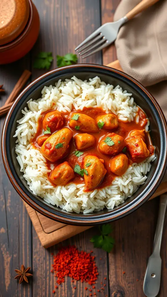 A bowl of Chicken Tikka Masala with rice, garnished with cilantro, on a wooden table.