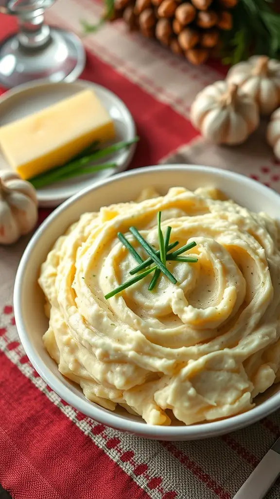 A bowl of creamy garlic mashed potatoes with chives on top, surrounded by garlic and cheese.