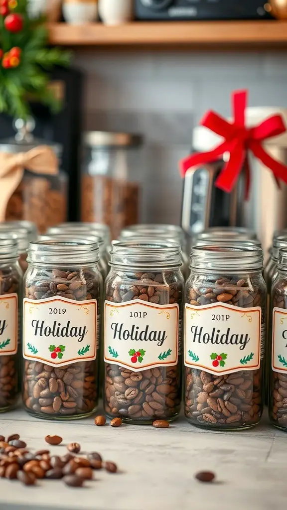 Jars of gourmet coffee beans labeled for the holiday season