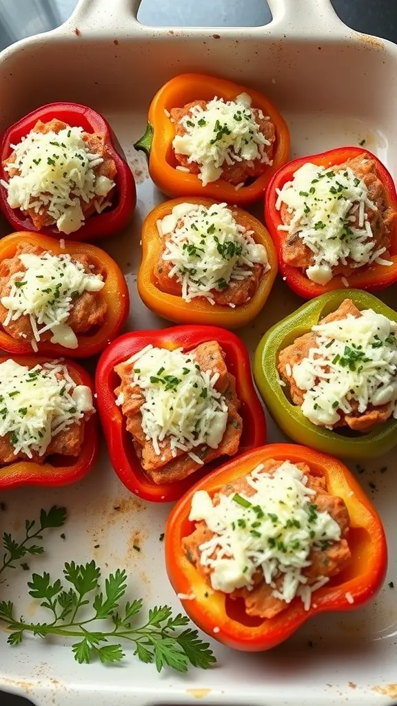 Baked salmon-stuffed bell peppers topped with cheese and herbs