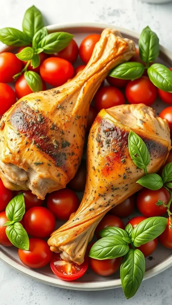 Two Italian herb turkey drumsticks on a plate with cherry tomatoes and basil