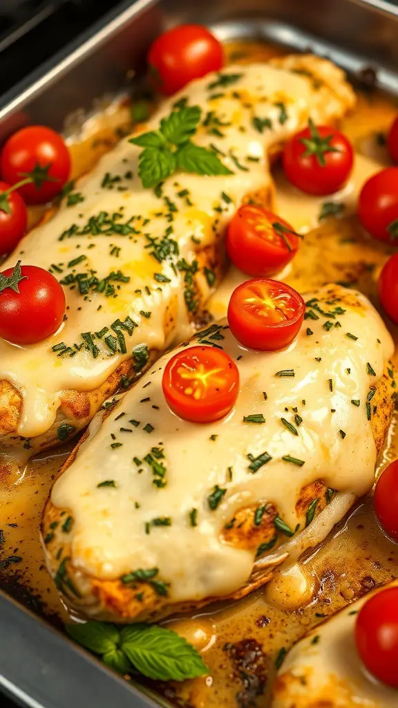 Baked chicken tenderloins topped with pesto, melted cheese, and cherry tomatoes