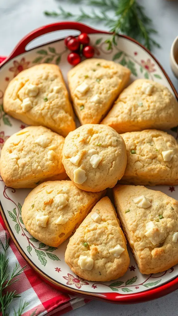 A plate of cheddar and chive scones arranged in a circular pattern, garnished with red berries and surrounded by festive decor.
