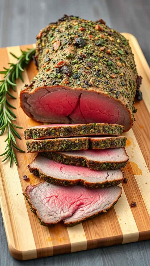 A beautifully roasted herb-crusted prime rib on a wooden cutting board, sliced and garnished with fresh herbs.